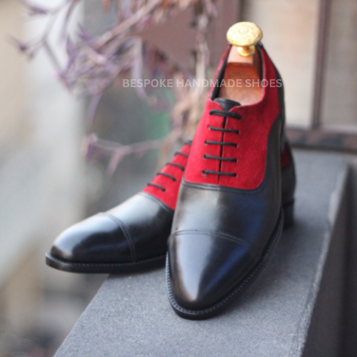 Custom Made Men's Black Leather, Red Suede Oxford Cap-Toe Lace Up Dress Formal Wear Shoes