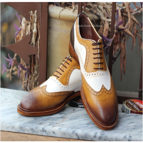New Men's Handmade Tan, White Leather Oxford Wingtip Brogue Lace-Up Dress Shoes