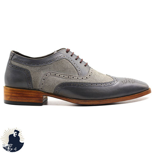 Bespoke Men's Genuine Gray Leather And Suede Oxford Wingtip Brogue Lace up Dress And Formal Shoes