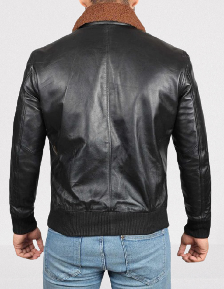 Bespoke Black Leather Bomber Jacket with Brown Fur Collars, Winter Biker Jackets