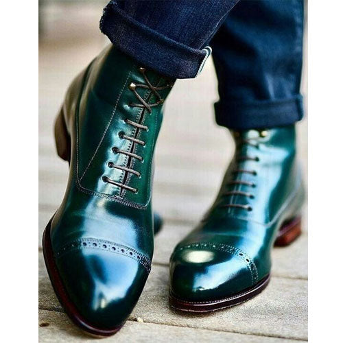 Bespoke Men's Genuine Green Leather Toe Cap Lace Up Formal Oxford Ankle Boots