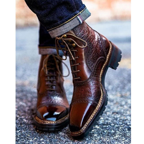 Tailor Made Brown Leather Military Marching Boot High Ankle Oxford Toe Cap Boots