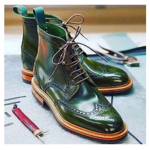Men's Green Leather Boot, Ankle Boots, Wingtip Derby Lace Up Boot, Handmade Boot