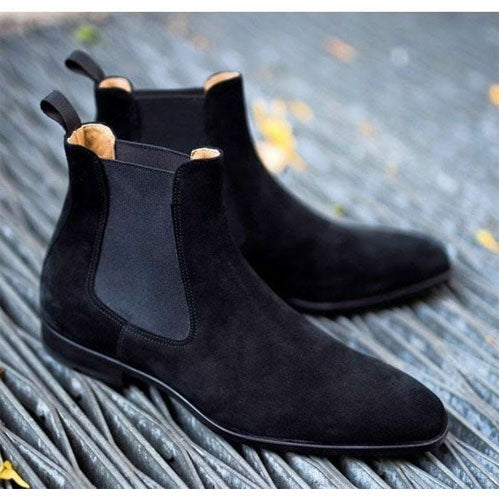 Handmade Men's Shoes Black Classic Suede Leather Chelsea Formal Wedding Boots