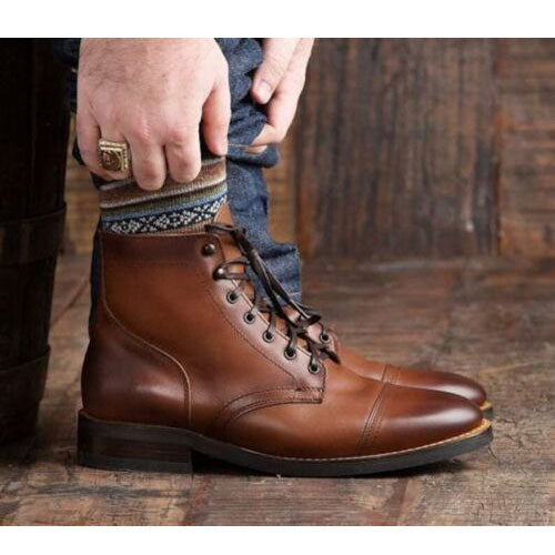 Handmade Brown Leather Oxford Toe Cap Boots, Men's High Ankle Lace up Dress Boot