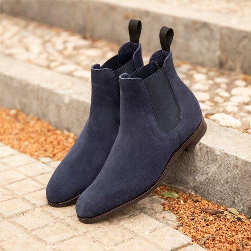 Handmade Blue Suede Cow Leather Chelsea Boots Men, Leather Dress Boots