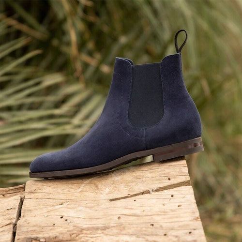 Handmade Blue Suede Cow Leather Chelsea Boots Men, Leather Dress Boots
