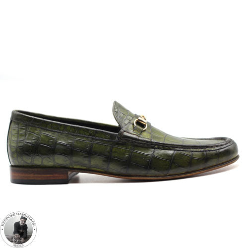 New Handmade Bespoke Genuine Olive Green Leather Slip on Loafers Style Shoes