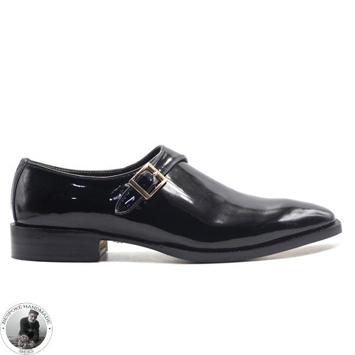 Bespoke Tailor Made Genuine Black Patent Wholecut Single Monk Strap Dress / Fashion Shoes