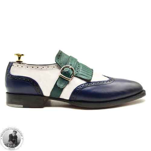 Men's Handmade Three Tone Leather Wingtip , Single Monk Strap Formal Shoe