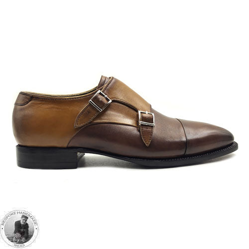Bespoke Handmade Shoes, Two Tone Chocolate Brown & Tan Leather Double Monk Strap Dress / Formal Shoe