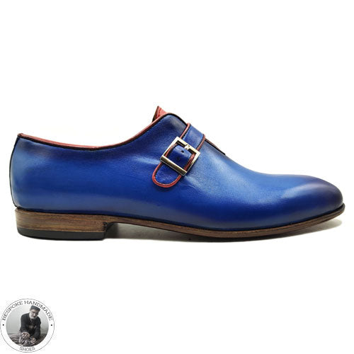 Handmade Men’s Genuine Blue Leather Bit Black Shaded Single Monk Strap Slip on Casual ShoesHandmade Men’s Genuine Blue Leather Bit Black Shaded Single Monk Strap Slip on Casual Shoes