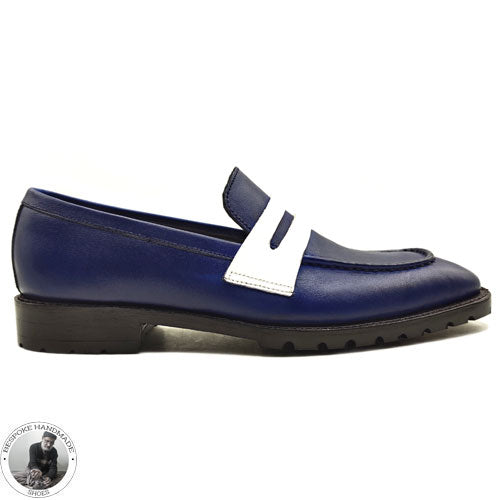 Buy Men’s Genuine Blue & White Leather Genuine Slip on Loafer Style Dress / Casual Shoes