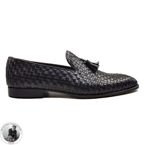 Bespoke Handmade Dress Shoes, Men’s Black Woven Leather Tassels Moccasin Slip on Formal Shoes
