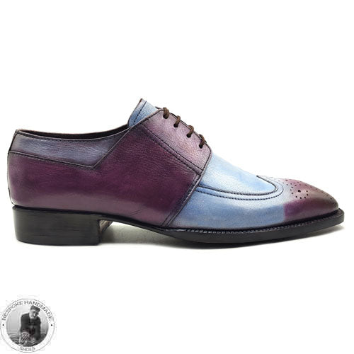 Bespoke Handmade Shoes, Hand Painted Blue & Purple Pure Leather Brogue Derby Formal Shoe