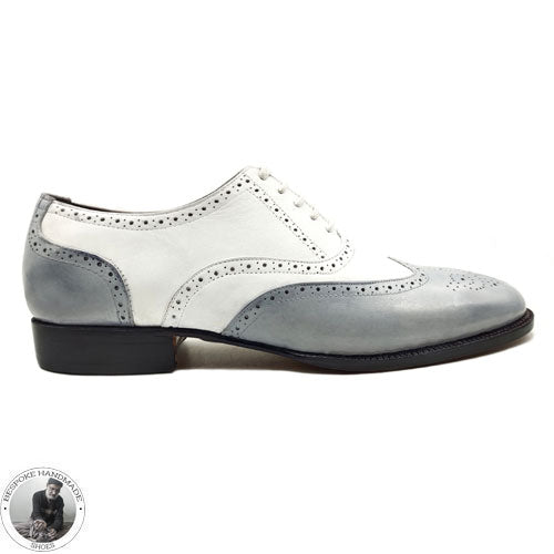 Custom Made, White & Grey Genuine Leather Oxford Brogue Wingtip Casusal Shoes For Men'sCustom Made, White & Grey Genuine Leather Oxford Brogue Wingtip Casusal Shoes For Men's