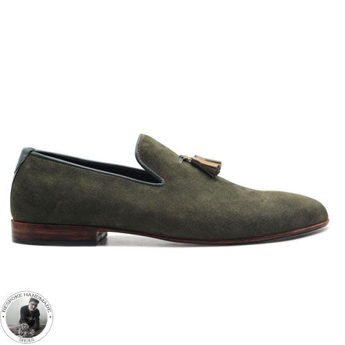 Bespoke Men's Premium Quality Olive Green Color Leather & Tassels Fashion / Dress Shoes For Men's