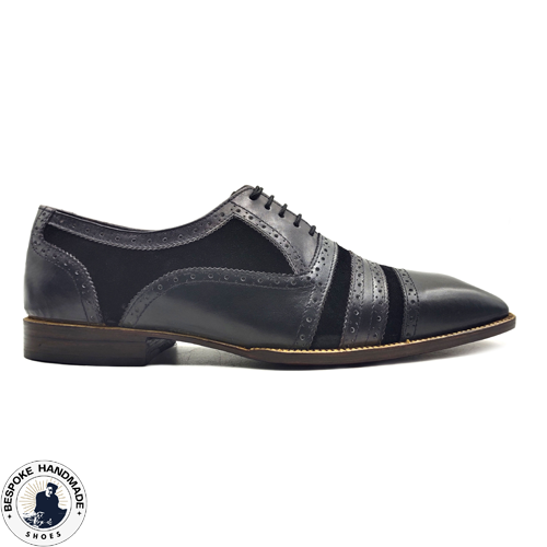 Men's Fashion Grey Leather Black Suede Oxford Lace up Cap Toe Dress Shoe