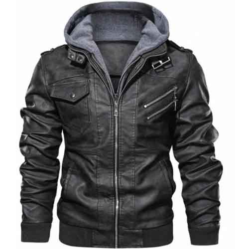 Men Black Leather Bomber Style Leather Jacket With Hoodie, Baseball Jackets