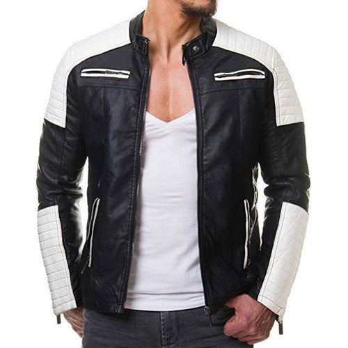 Handmade Men's Black and White Slim Fit Biker Jacket, Men Leather Jackets