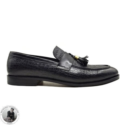 Handmade Genuine Black Pure Leather Alligator Print Loafer Moccasin Slip on Leather Tassels Fashion Shoes For Men