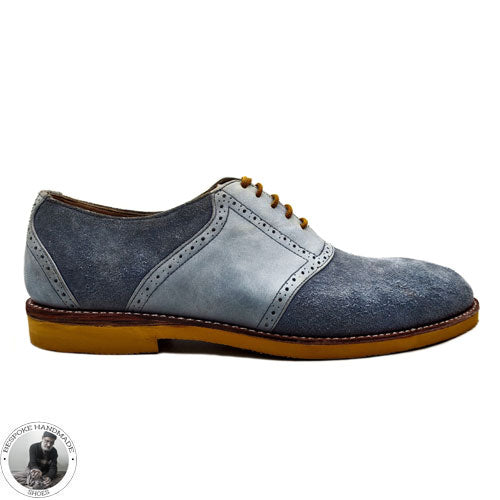 Custom Made Bespoke Men's Blue Leather and Suede Oxford Lace Up Vibram Sole Dress Shoes