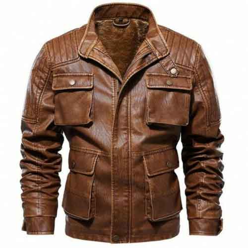 New Men Antique Brown Leather Jacket With Cargo Pockets, Brown Leather Apparel