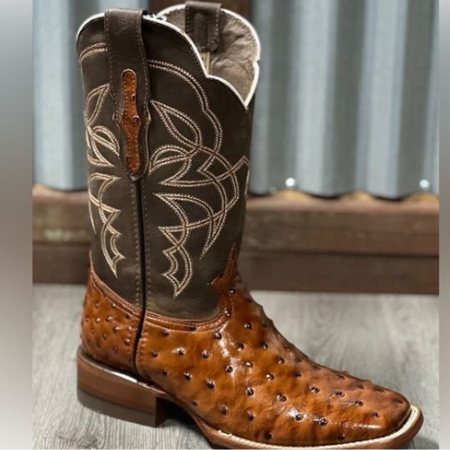 Custom Made Cowboy Ostrich Print Brown Leather Western Ankle Handmade men Boots