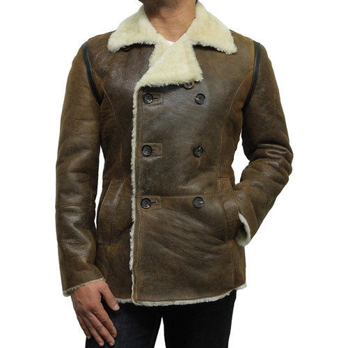 Tailor Made Men's Genuine Olive Sheepskin Leather Warm Duffle Trench Coat