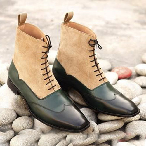 Bespoke Goodyear Welted Pure Green Black Shaded Leather Beige Suede Oxford Wingtip Lace Up Ankle Boots