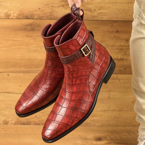 Custom Made Goodyear Welted Red Crocodile Print Leather Monk Strap Wedding Boots for Men