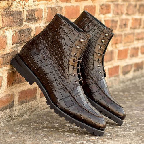 Tailor Made Goodyear Welted Crocodile Print Leather Formal Derby Lace Up Ankle Men Dress Boots